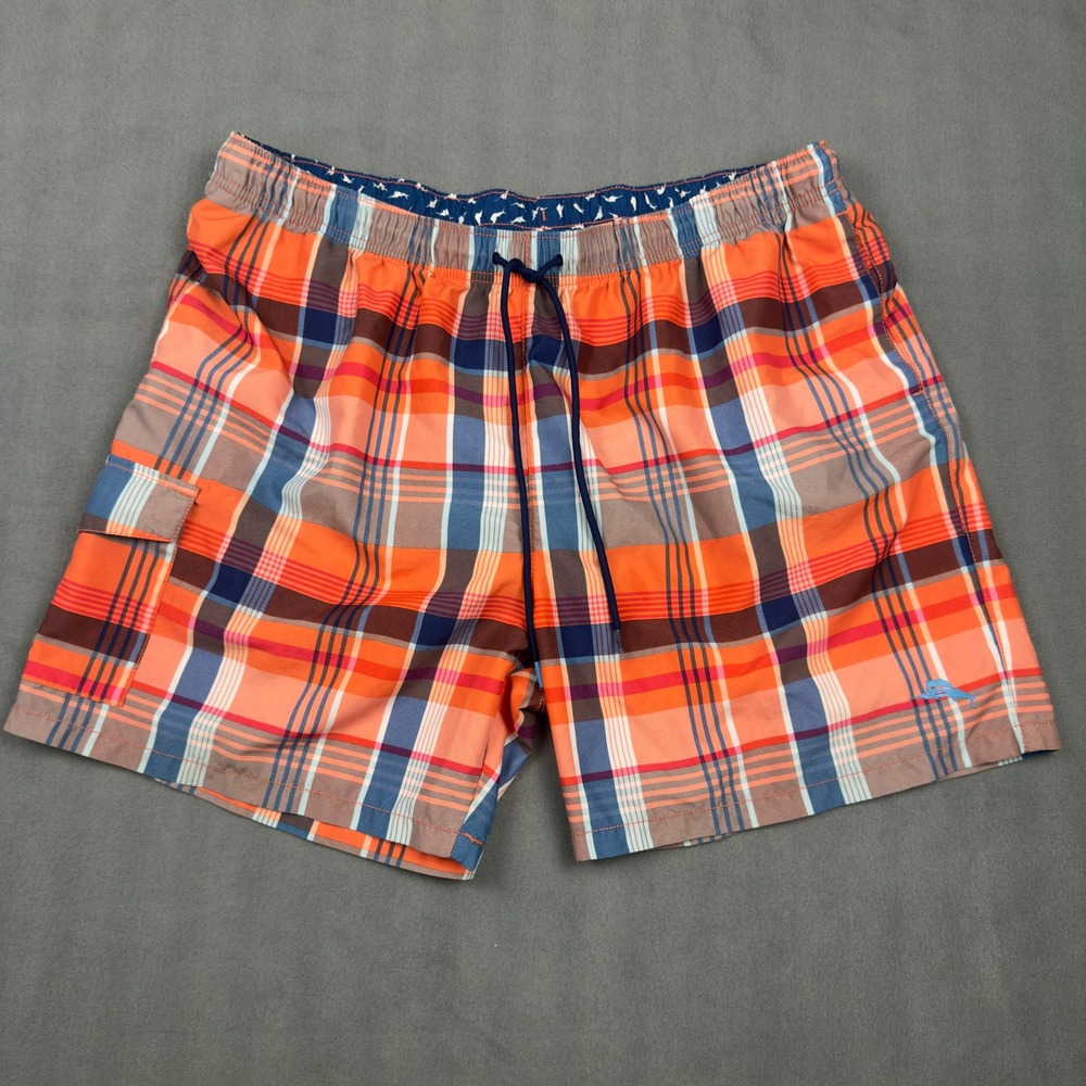 Tommy Bahama Naples Plaid Swim Trunks Mens XXL Orange Blue Cargo Mesh Lining